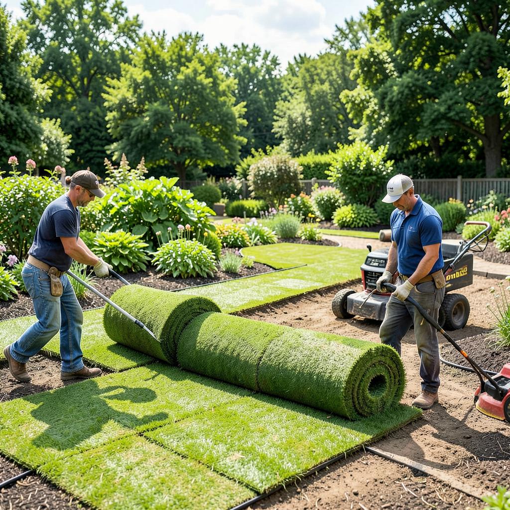 Crew installing turf on site